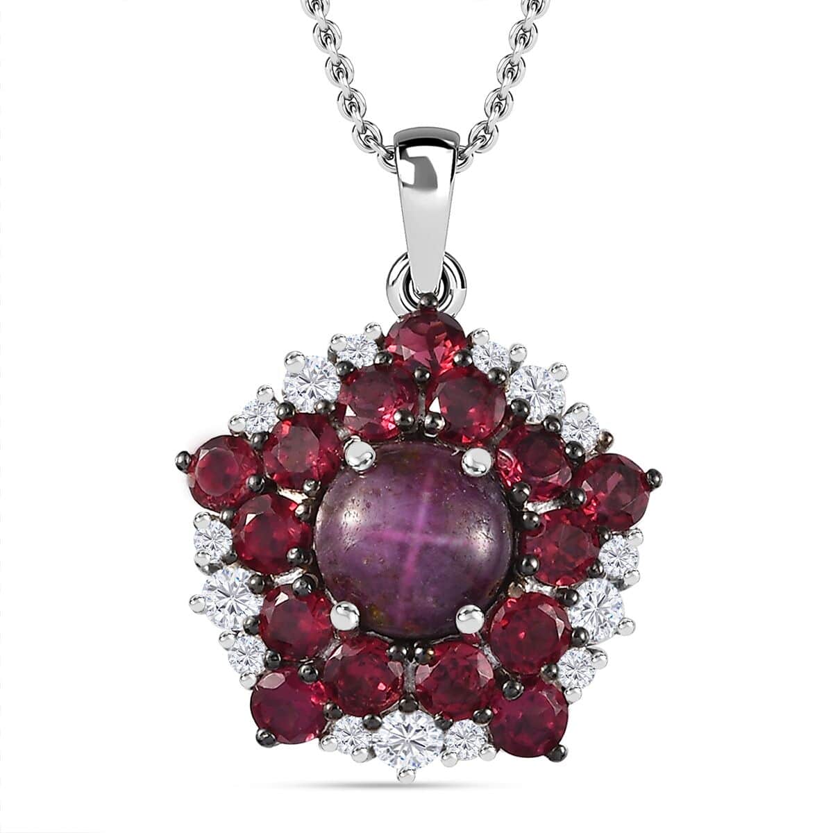 Indian Star Ruby and Multi Gemstone Star Pendant Necklace 20 Inches in Rhodium Over Sterling Silver 6.40 ctw image number 0
