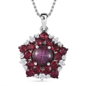 Indian Star Ruby and Multi Gemstone Star Pendant Necklace 20 Inches in Rhodium Over Sterling Silver 6.40 ctw