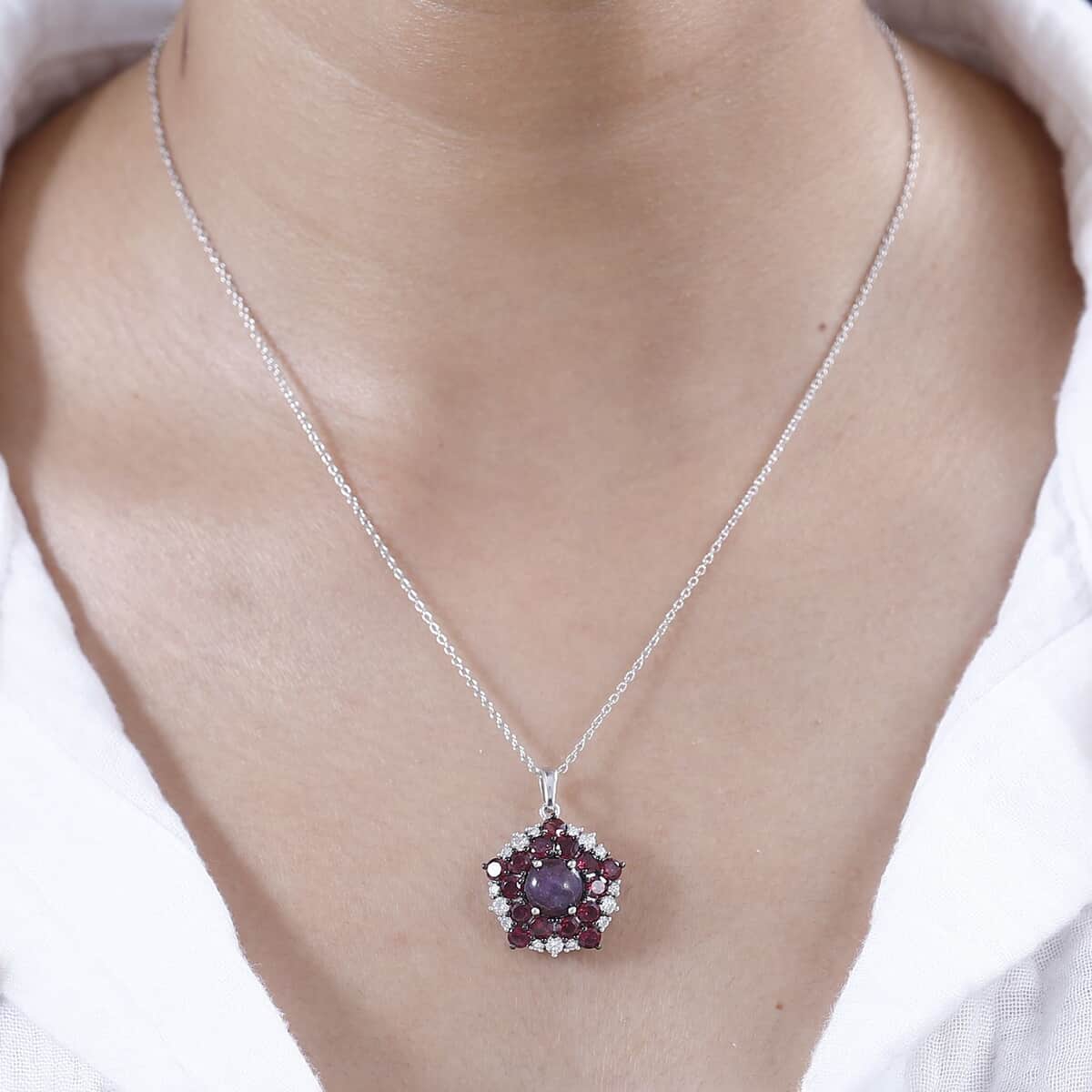 Indian Star Ruby and Multi Gemstone Star Pendant Necklace 20 Inches in Rhodium Over Sterling Silver 6.40 ctw image number 2