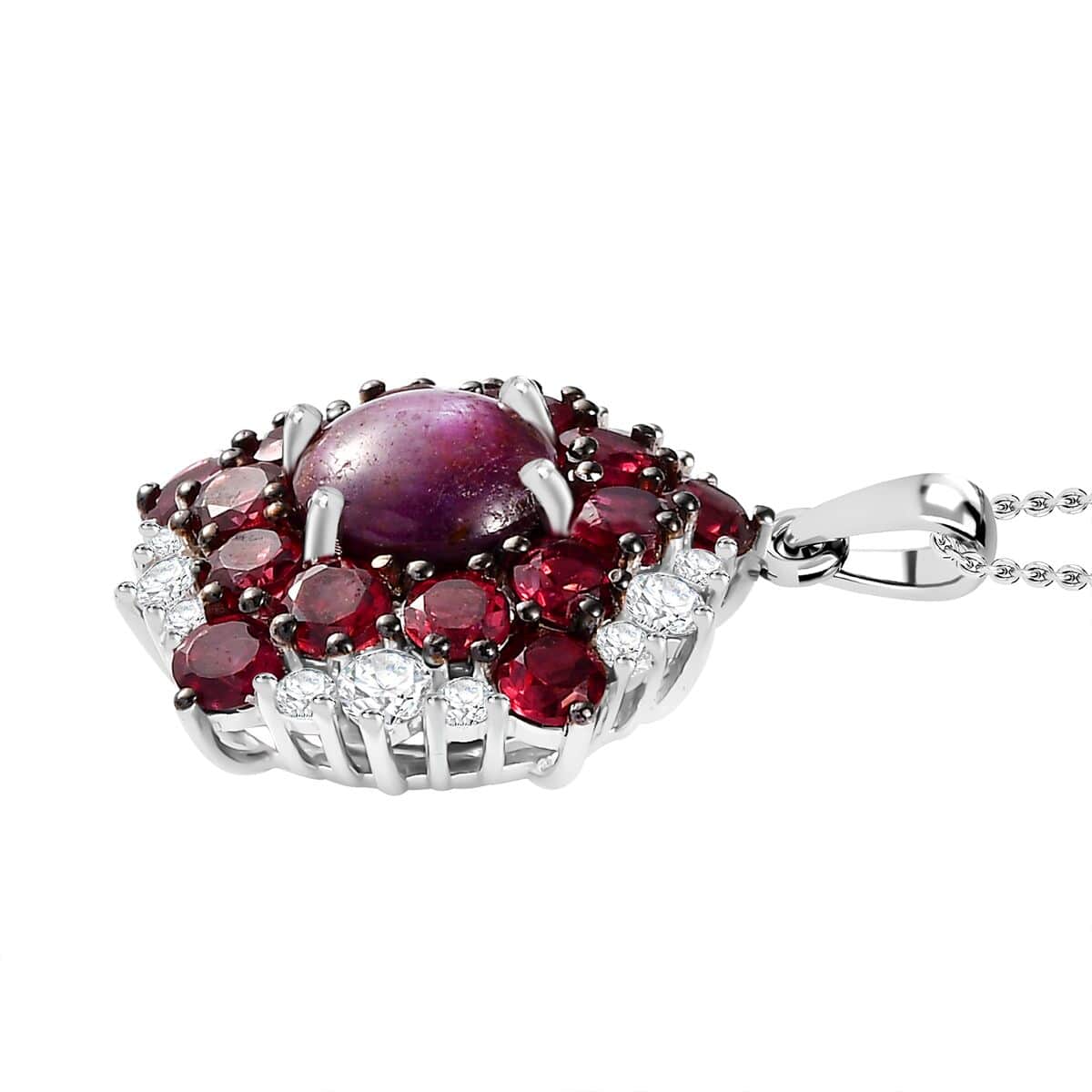 Indian Star Ruby and Multi Gemstone Star Pendant Necklace 20 Inches in Rhodium Over Sterling Silver 6.40 ctw image number 3