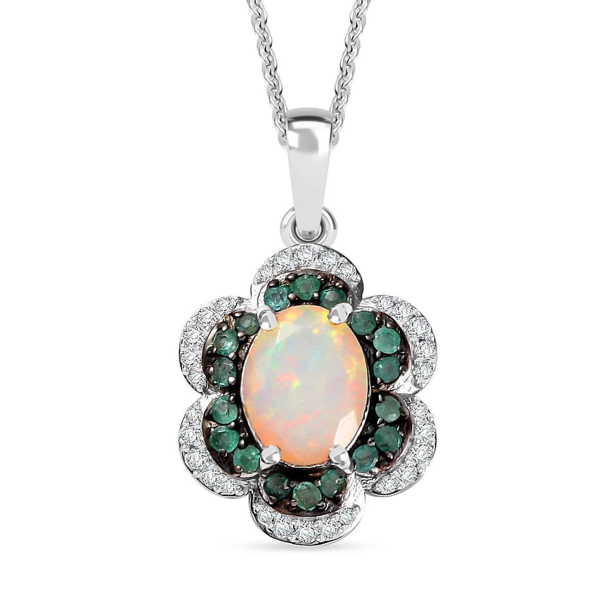 Premium Ethiopian Welo Opal and Multi Gemstone 1.65 ctw Whispering Petals Pendant Necklace in Rhodium Over Sterling Silver 20 Inches image number 0