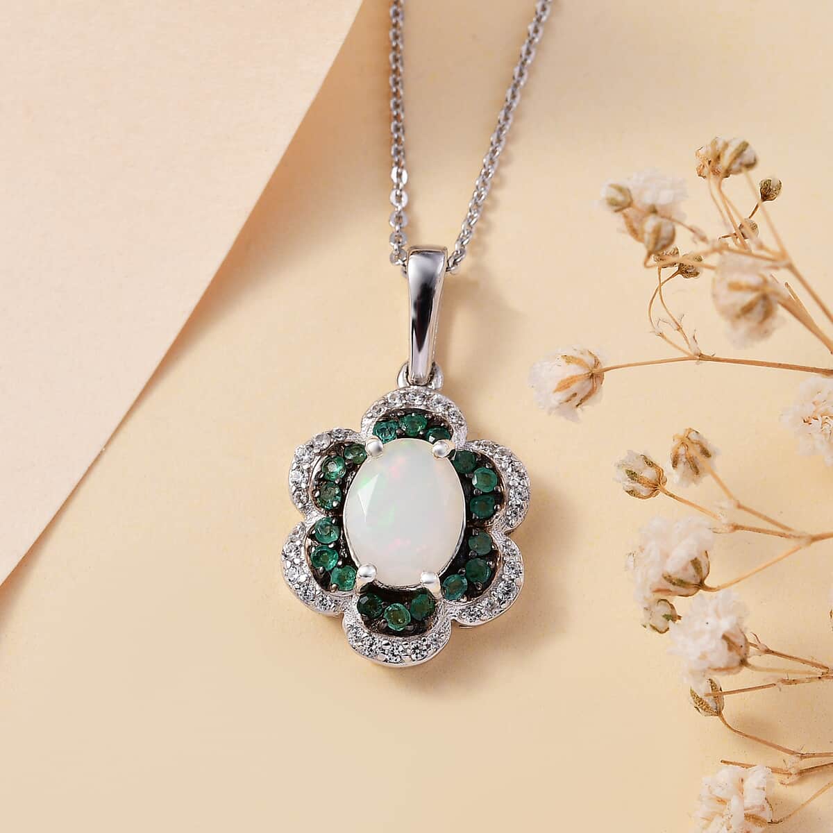 Premium Ethiopian Welo Opal and Multi Gemstone 1.65 ctw Whispering Petals Pendant Necklace in Rhodium Over Sterling Silver 20 Inches image number 1