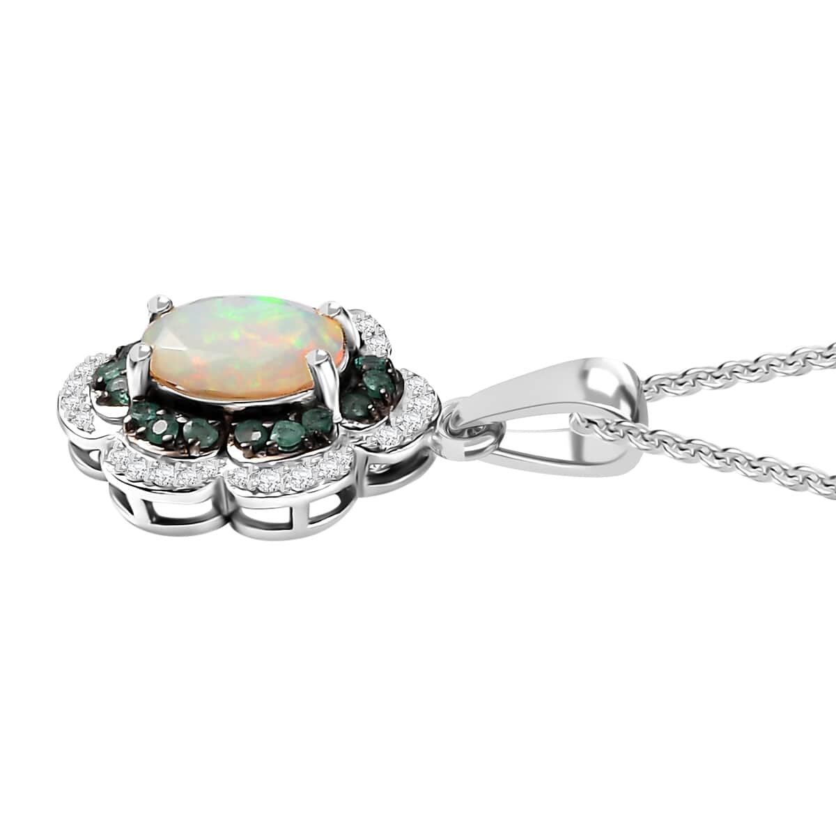 Premium Ethiopian Welo Opal and Multi Gemstone 1.65 ctw Whispering Petals Pendant Necklace in Rhodium Over Sterling Silver 20 Inches image number 4