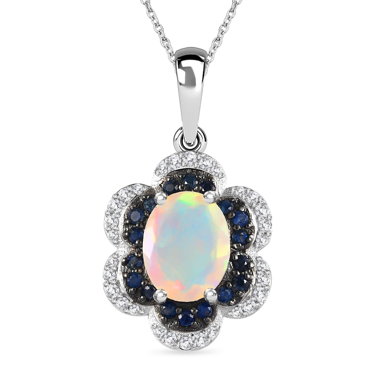 Premium Ethiopian Welo Opal and Multi Gemstone 1.60 ctw Whispering Petals Pendant Necklace in Rhodium Over Sterling Silver 20 Inches image number 0