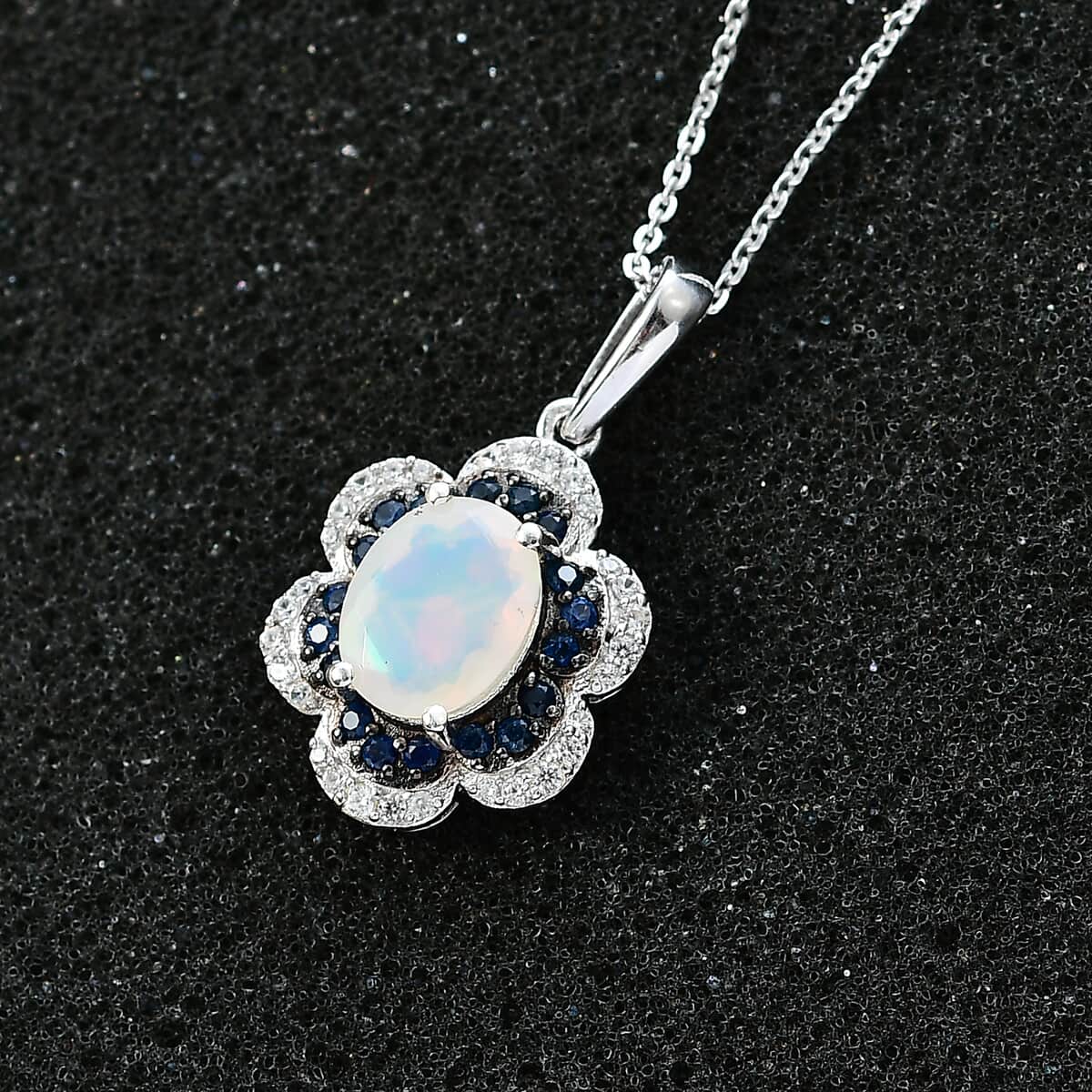 Premium Ethiopian Welo Opal and Multi Gemstone 1.60 ctw Whispering Petals Pendant Necklace in Rhodium Over Sterling Silver 20 Inches image number 1