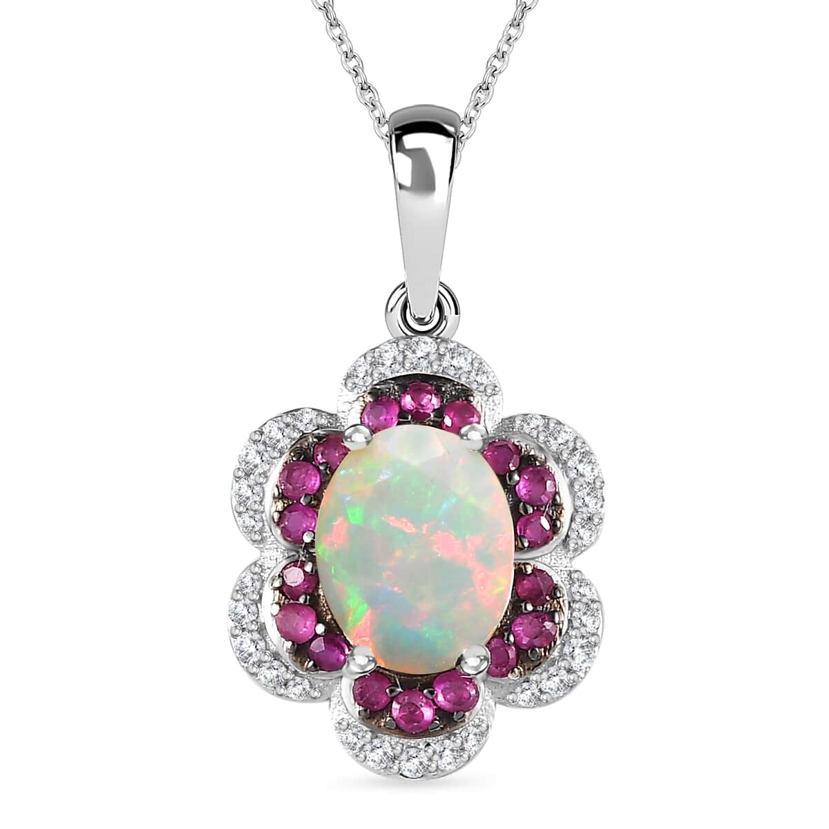 Premium Ethiopian Welo Opal and Multi Gemstone 1.70 ctw Whispering Petals Pendant Necklace in Rhodium Over Sterling Silver 20 Inches image number 0