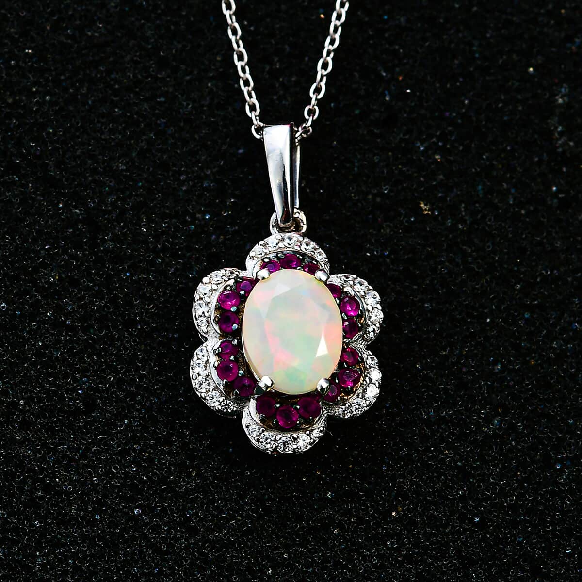 Premium Ethiopian Welo Opal and Multi Gemstone 1.70 ctw Whispering Petals Pendant Necklace in Rhodium Over Sterling Silver 20 Inches image number 2