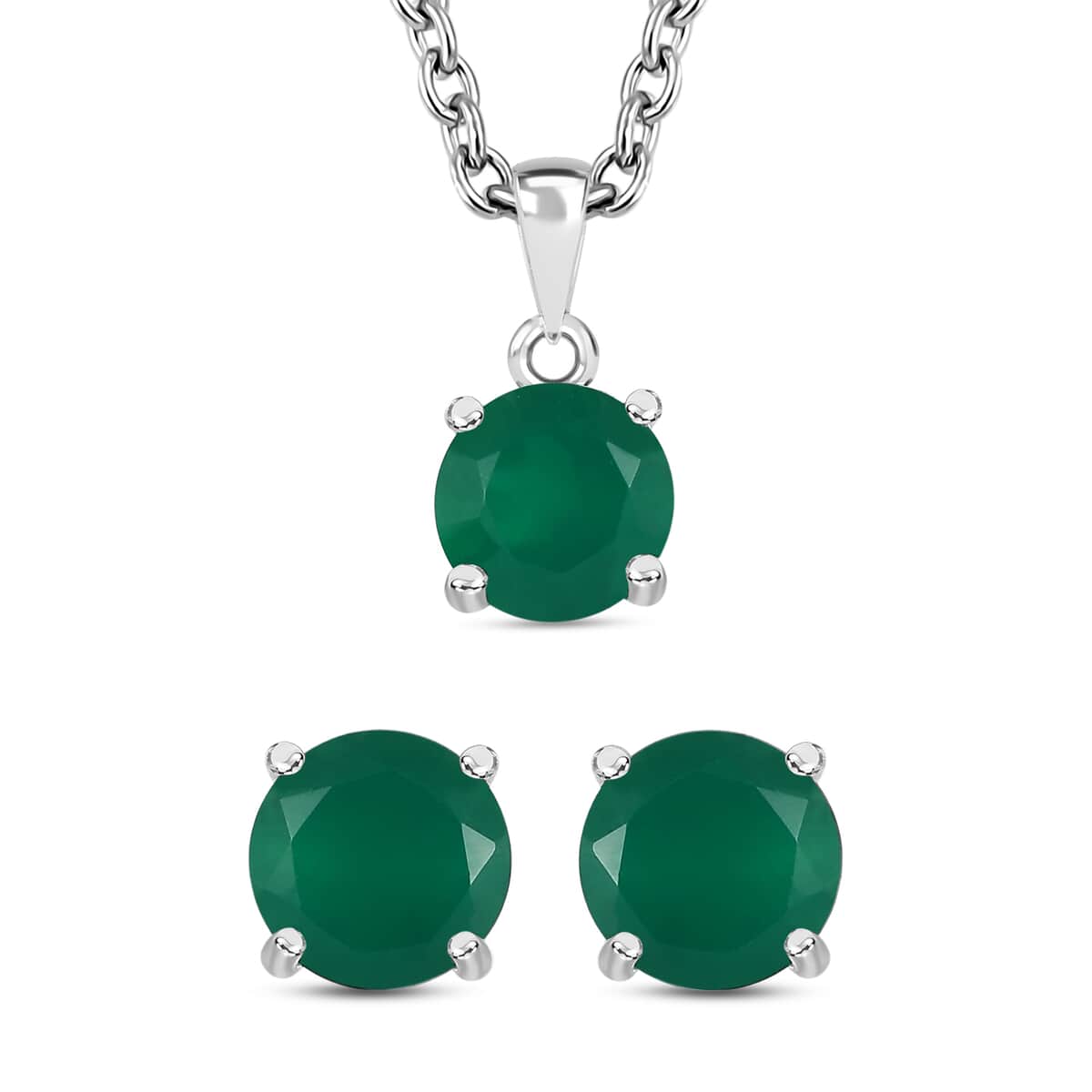 Green Onyx 2.60 ctw Solitaire Stud Earrings and Pendant in Sterling Silver with Stainless Steel Necklace 20 Inches image number 0