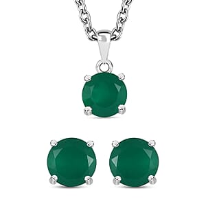 Green Onyx 2.60 ctw Solitaire Stud Earrings and Pendant in Sterling Silver with Stainless Steel Necklace 20 Inches