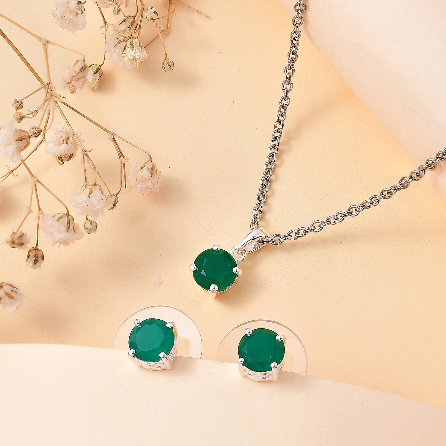 Green Onyx 2.60 ctw Solitaire Stud Earrings and Pendant in Sterling Silver with Stainless Steel Necklace 20 Inches