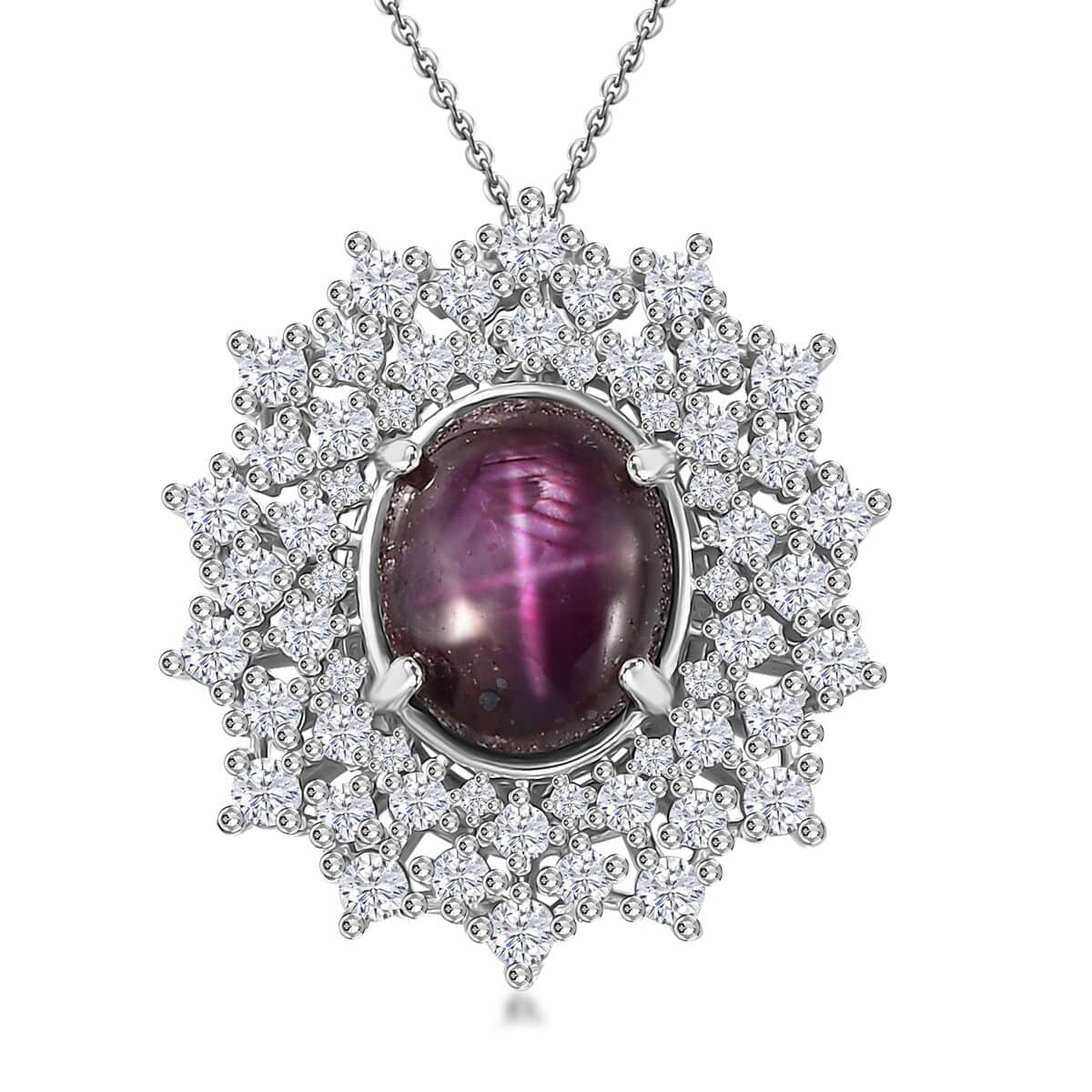 Indian Star Ruby and Moissanite Star Burst Pendant Necklace 20 Inches in Rhodium Over Sterling Silver 8.10 ctw image number 0
