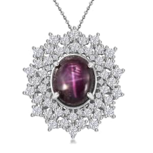 Indian Star Ruby and Moissanite Star Burst Pendant Necklace 20 Inches in Rhodium Over Sterling Silver 8.10 ctw