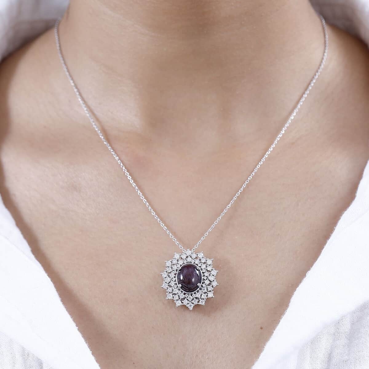 Indian Star Ruby and Moissanite Star Burst Pendant Necklace 20 Inches in Rhodium Over Sterling Silver 8.10 ctw image number 2