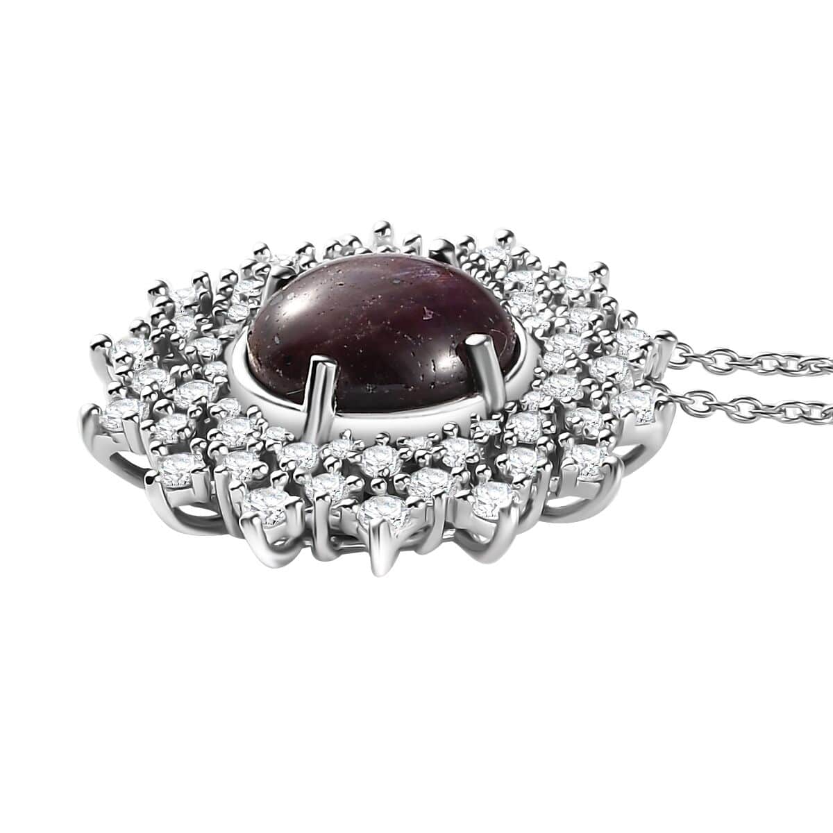 Indian Star Ruby and Moissanite Star Burst Pendant Necklace 20 Inches in Rhodium Over Sterling Silver 8.10 ctw image number 3