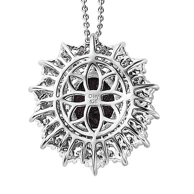 Indian Star Ruby and Moissanite Star Burst Pendant Necklace 20 Inches in Rhodium Over Sterling Silver 8.10 ctw