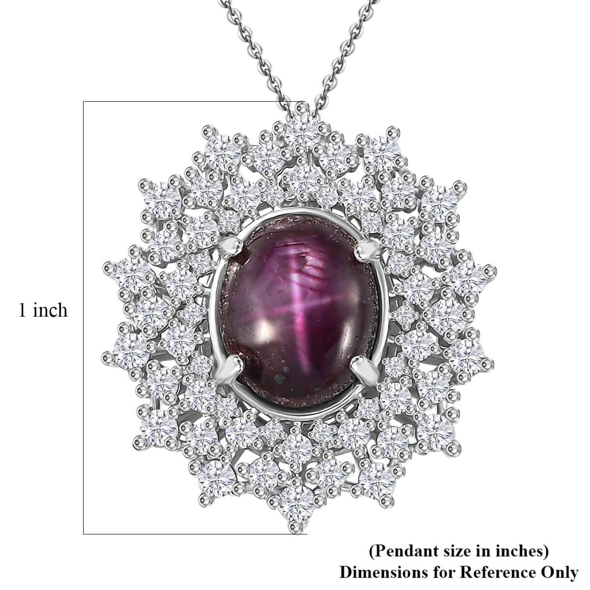 Indian Star Ruby and Moissanite Star Burst Pendant Necklace 20 Inches in Rhodium Over Sterling Silver 8.10 ctw image number 5