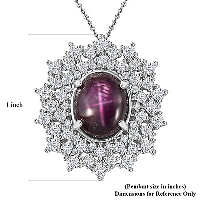 Indian Star Ruby and Moissanite Star Burst Pendant Necklace 20 Inches in Rhodium Over Sterling Silver 8.10 ctw