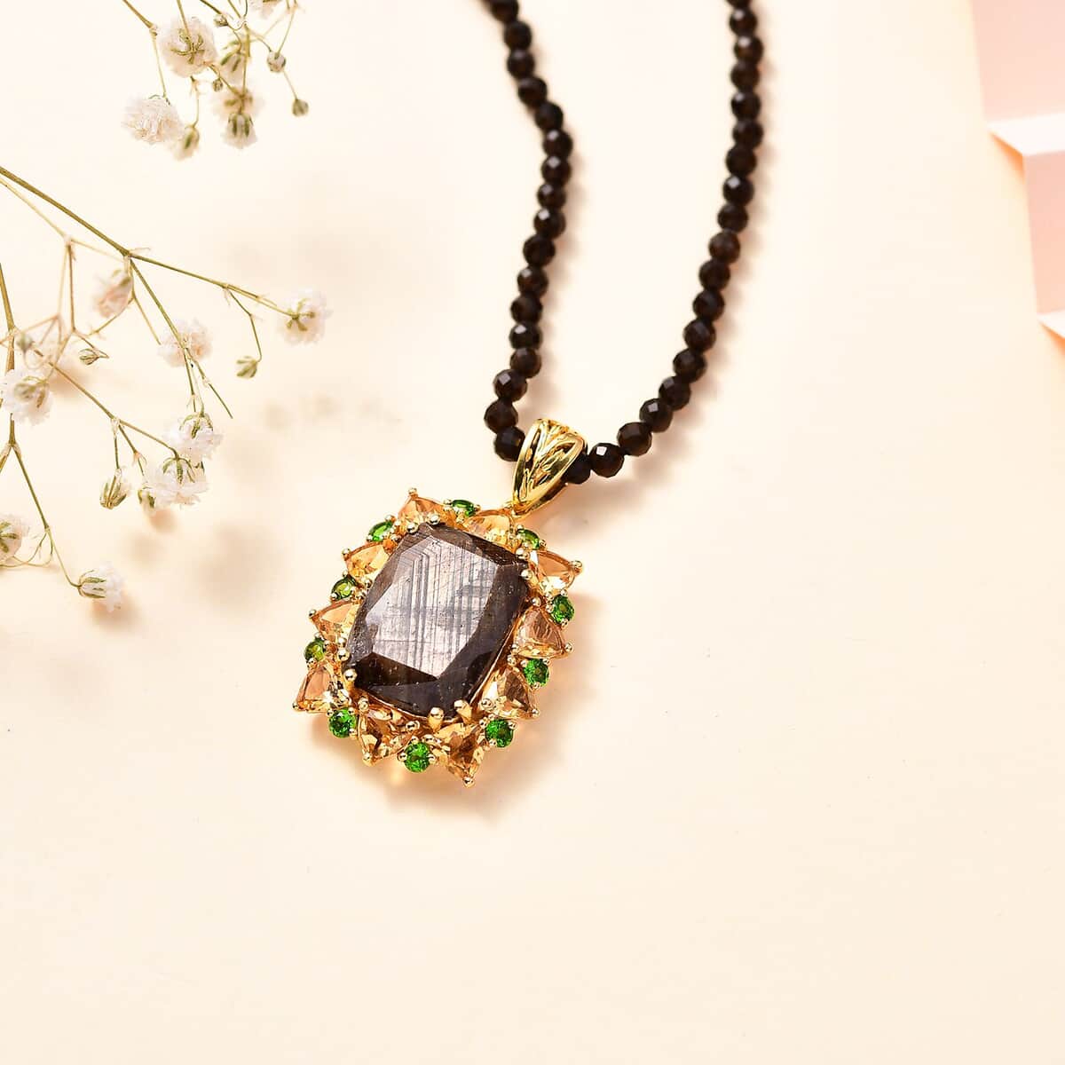 Zawadi Chocolate Sapphire and Multi Gemstone Floral Pendant with Beaded Necklace 20 Inches in 18K Vermeil Yellow Gold Over Sterling Silver 44.00 ctw image number 1