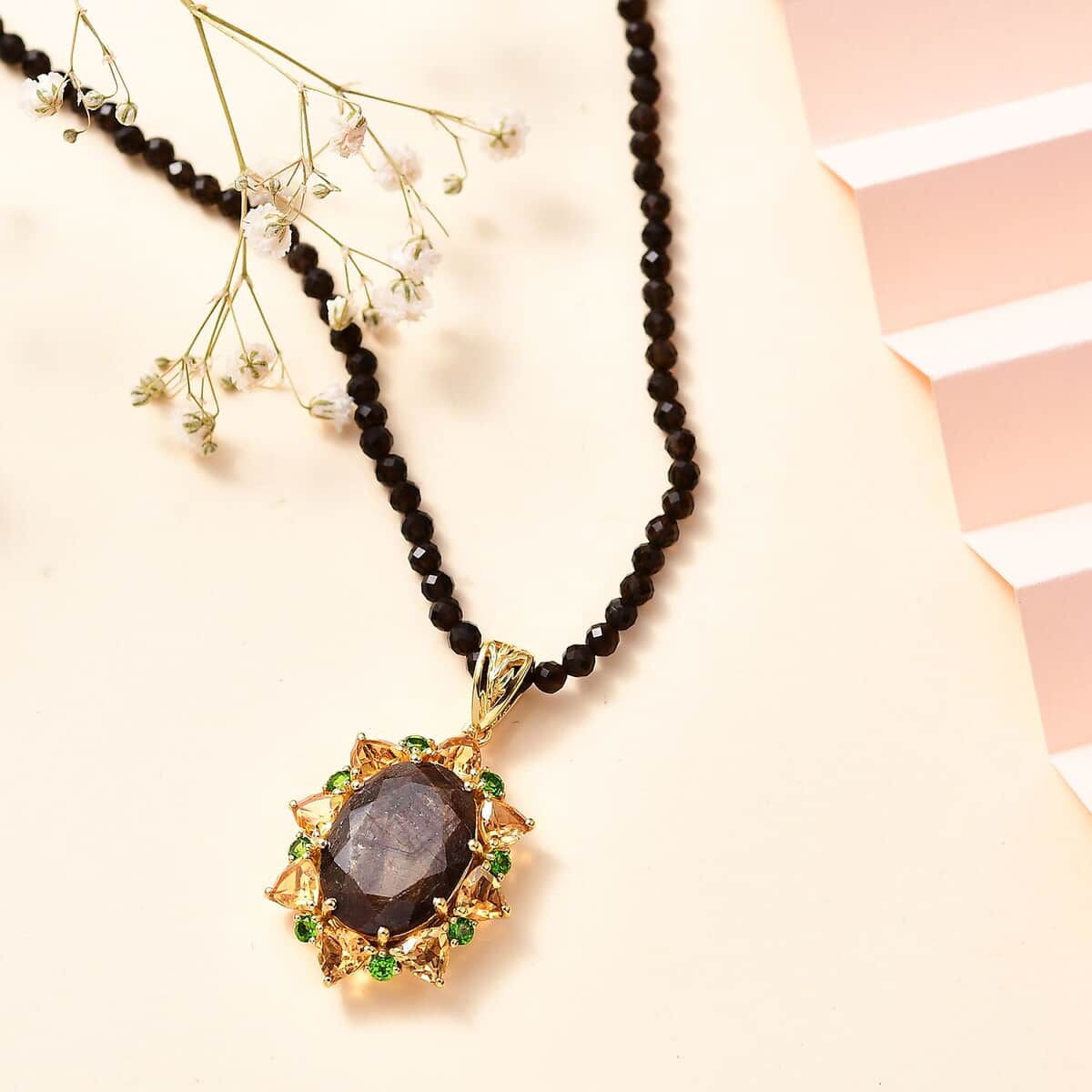 Zawadi Chocolate Sapphire and Multi Gemstone Floral Pendant with Beaded Necklace 20 Inches in 18K Vermeil Yellow Gold Over Sterling Silver 40.20 ctw image number 1