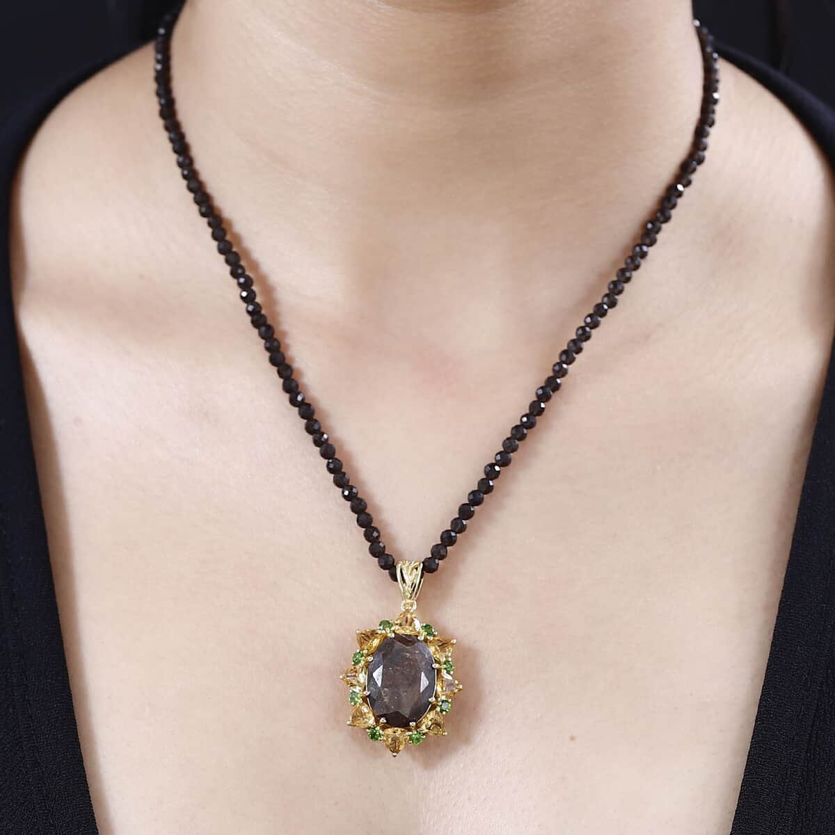 Zawadi Chocolate Sapphire and Multi Gemstone Floral Pendant with Beaded Necklace 20 Inches in 18K Vermeil Yellow Gold Over Sterling Silver 40.20 ctw image number 2