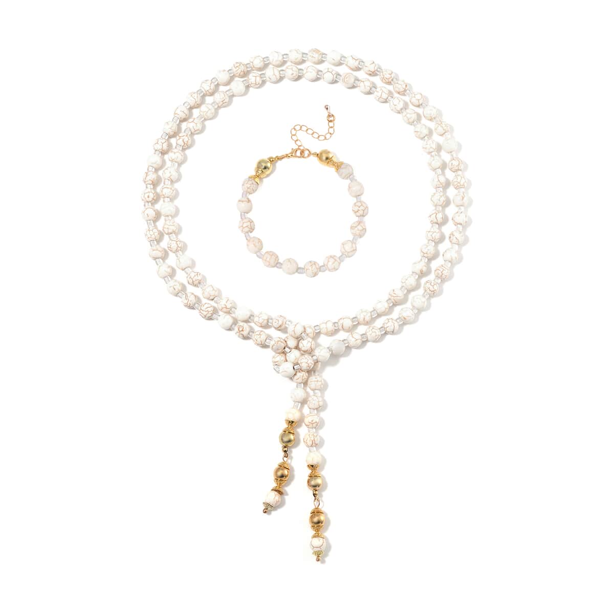 White Howlite Beaded 620.00 ctw and Glass Necklace and Bracelet in Goldtone (8.00In) 55 Inches image number 0