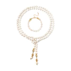 White Howlite Beaded 620.00 ctw and Glass Necklace and Bracelet in Goldtone (8.00In) 55 Inches