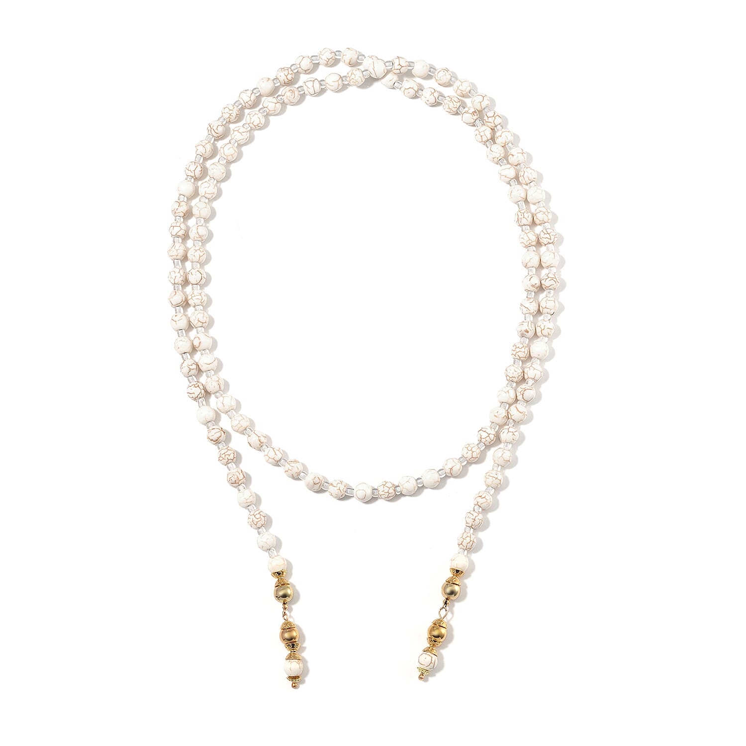 White Howlite Beaded 620.00 ctw and Glass Necklace and Bracelet in Goldtone (8.00In) 55 Inches