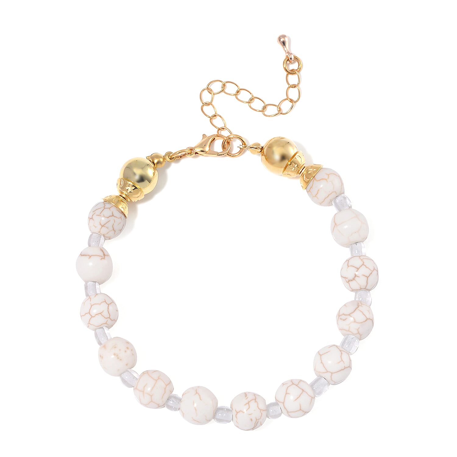 White Howlite Beaded 620.00 ctw and Glass Necklace and Bracelet in Goldtone (8.00In) 55 Inches