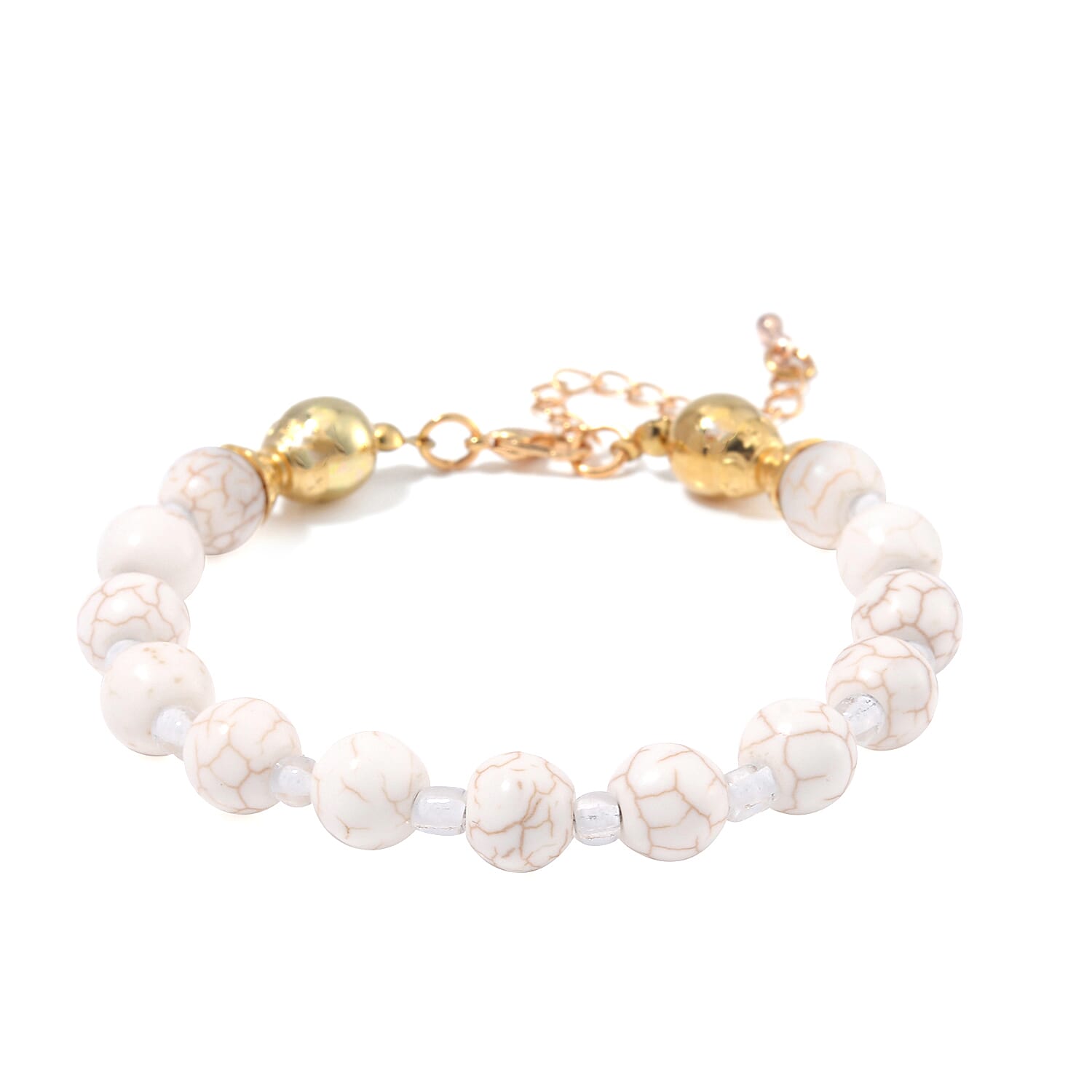 White Howlite Beaded 620.00 ctw and Glass Necklace and Bracelet in Goldtone (8.00In) 55 Inches