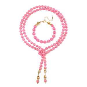 Pink Howlite Beaded 620.00 ctw and Pink Glass Necklace and Bracelet in Goldtone (8.00In) 55 Inches