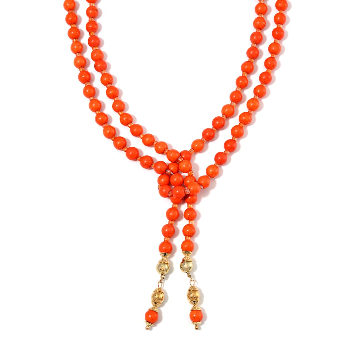 Orange Howlite Beaded 620.00 ctw and Orange Glass Necklace and Bracelet in Goldtone (8.00In) 55 Inches image number 2