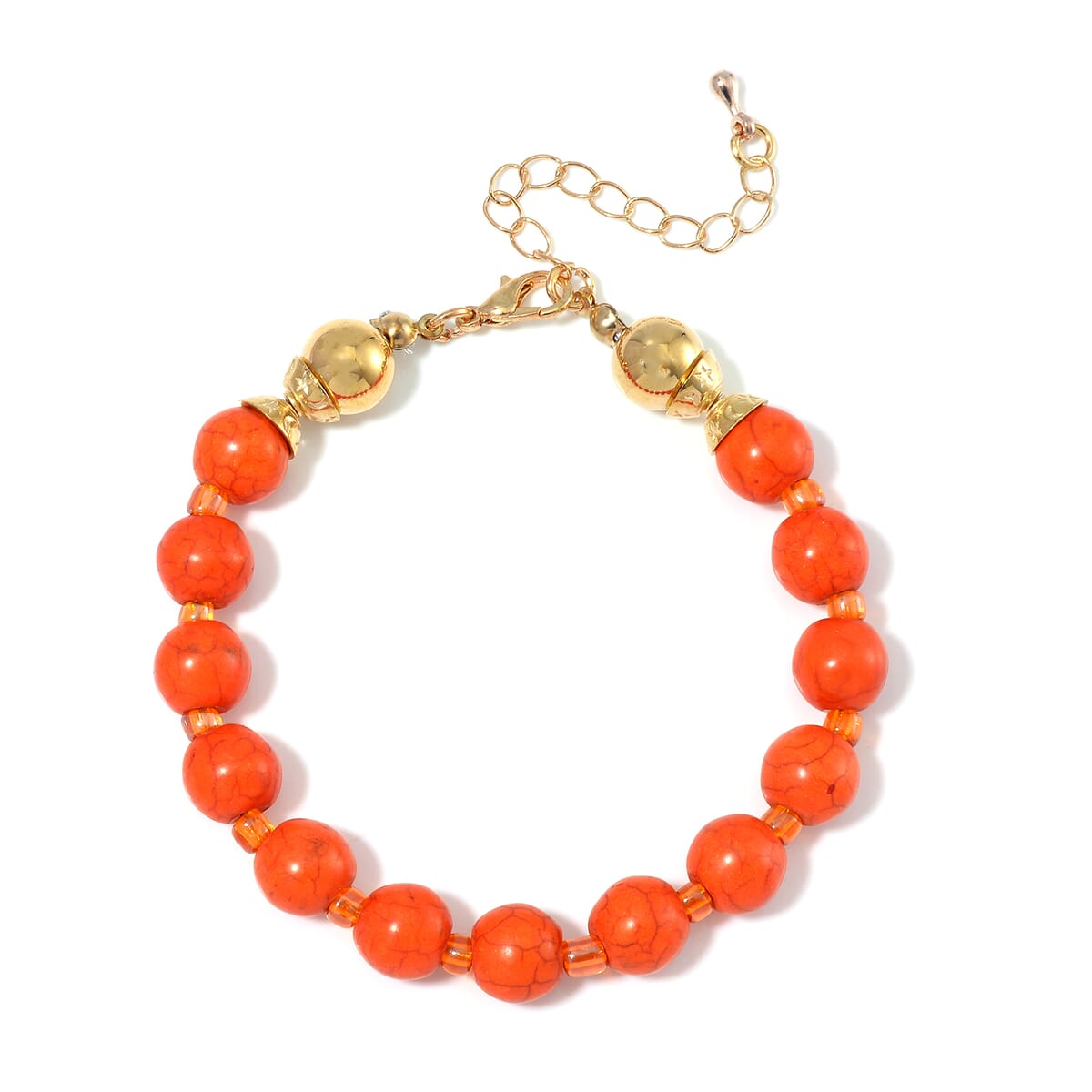 Orange Howlite Beaded 620.00 ctw and Orange Glass Necklace and Bracelet in Goldtone (8.00In) 55 Inches image number 5