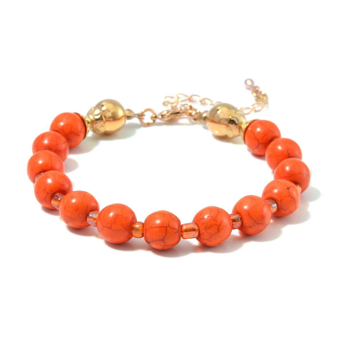 Orange Howlite Beaded 620.00 ctw and Orange Glass Necklace and Bracelet in Goldtone (8.00In) 55 Inches image number 6