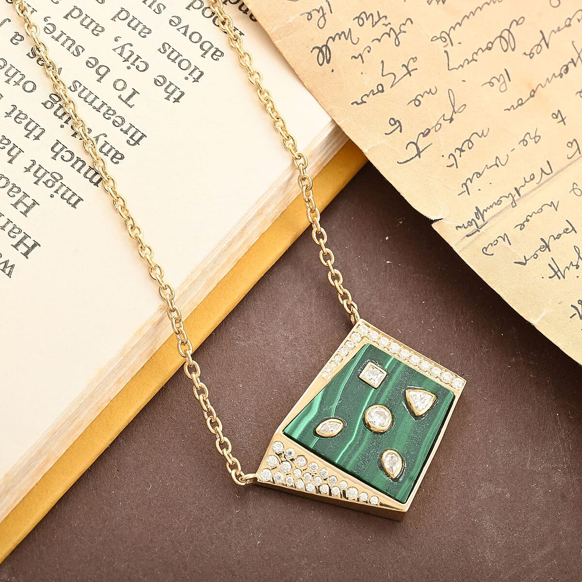 Clarte Geode Collection Malachite and Moissanite Pendant Necklace 18 Inches in Vermeil Yellow Gold Over Sterling Silver 8.30 ctw image number 1