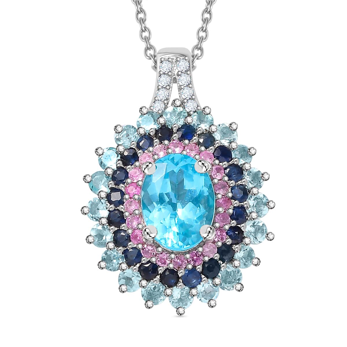 Betroka Blue Apatite and Multi Gemstone 2.80 ctw Oceanic Symphony Pendant Necklace in Rhodium Over Sterling Silver 20 Inches image number 0