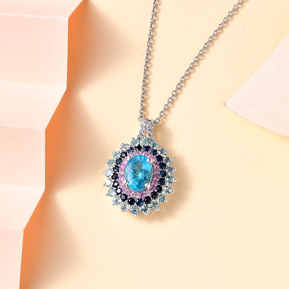 Betroka Blue Apatite and Multi Gemstone 2.80 ctw Oceanic Symphony Pendant Necklace in Rhodium Over Sterling Silver 20 Inches image number 1