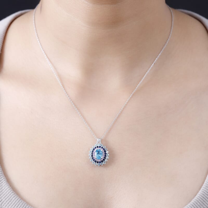 Betroka Blue Apatite and Multi Gemstone 2.80 ctw Oceanic Symphony Pendant Necklace in Rhodium Over Sterling Silver 20 Inches
