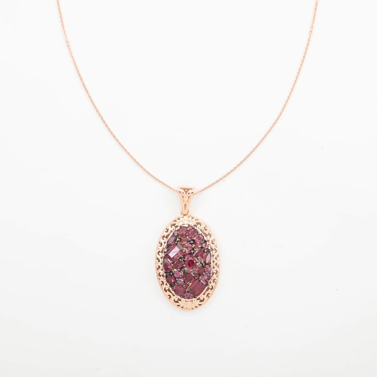 Orissa Rhodolite Garnet Filigree and Lotus Flower Pendant Necklace 20 Inches in 18K Rose Gold Vermeil Over Sterling Silver 5.50 ctw image number 0