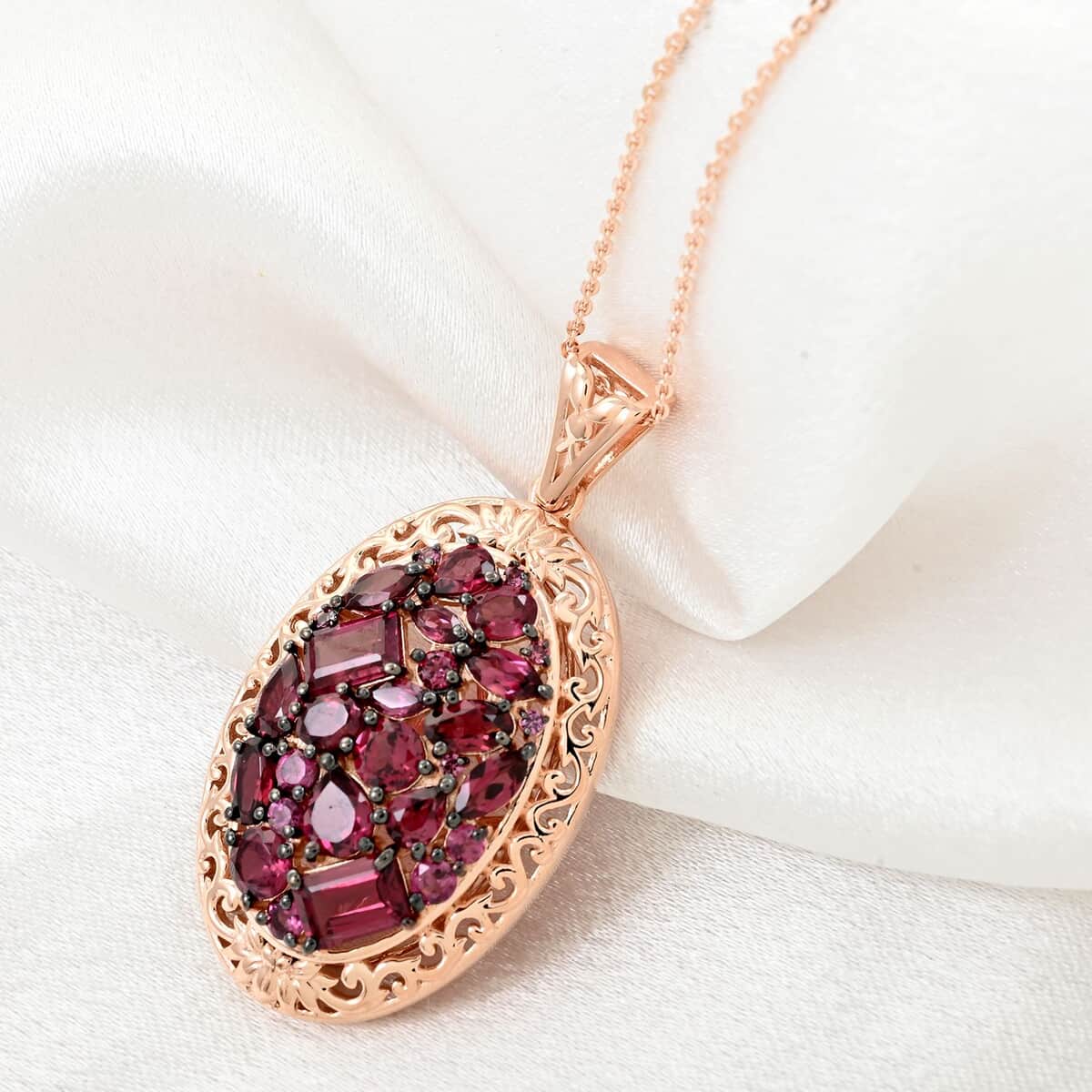 Orissa Rhodolite Garnet Filigree and Lotus Flower Pendant Necklace 20 Inches in 18K Rose Gold Vermeil Over Sterling Silver 5.50 ctw image number 1