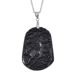 Shungite Carving 62.00 ctw Mythical Horse Pendant in Rhodium Over Sterling Silver with Stainless Steel Necklace 20 Inches