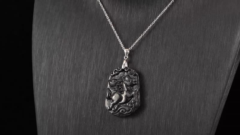 Shungite Carving Mythical Horse Pendant in Rhodium Over Sterling Silver with Stainless Steel Necklace (20 Inches) 62.00 ctw