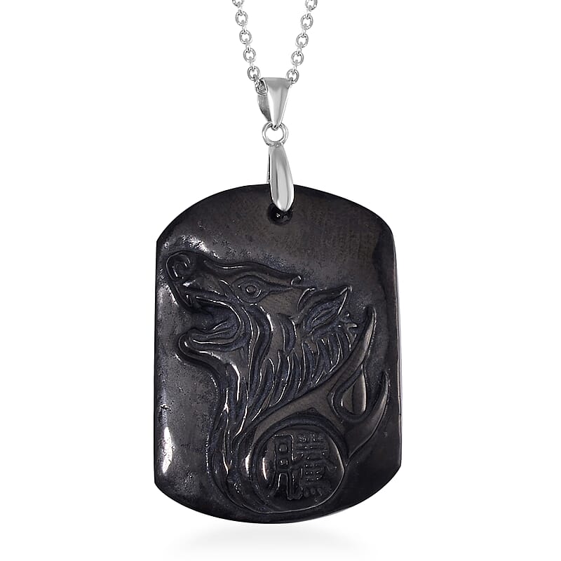 Shungite Carving 75.00 ctw Wolf Head Pendant in Rhodium Over Sterling Silver with Stainless Steel Necklace 20 Inches