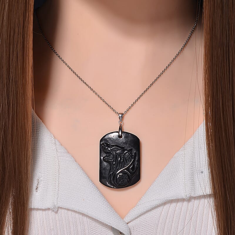 Shungite Carving 75.00 ctw Wolf Head Pendant in Rhodium Over Sterling Silver with Stainless Steel Necklace 20 Inches