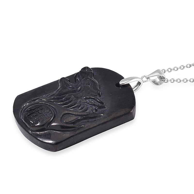 Shungite Carving 75.00 ctw Wolf Head Pendant in Rhodium Over Sterling Silver with Stainless Steel Necklace 20 Inches