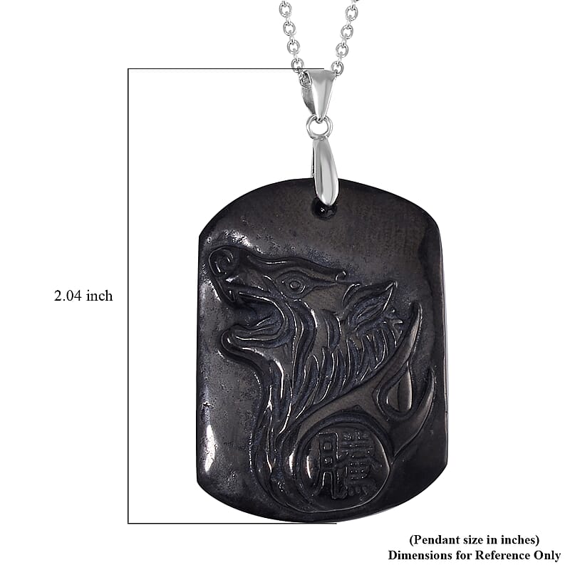 Shungite Carving 75.00 ctw Wolf Head Pendant in Rhodium Over Sterling Silver with Stainless Steel Necklace 20 Inches