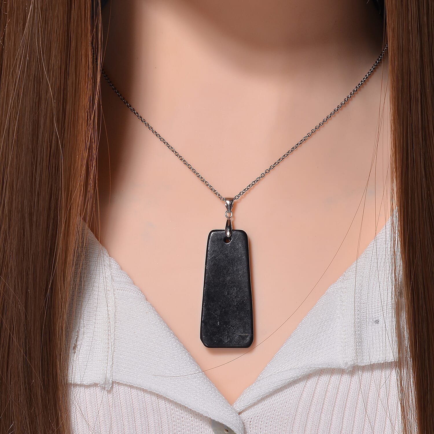 Shungite 45x25mm 55.00 ctw Tapered Rectangular Shape Pendant in Rhodium Over Sterling Silver with Stainless Steel Necklace 20 Inches