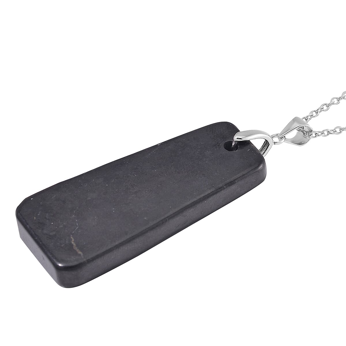 Shungite 45x25mm 55.00 ctw Tapered Rectangular Shape Pendant in Rhodium Over Sterling Silver with Stainless Steel Necklace 20 Inches