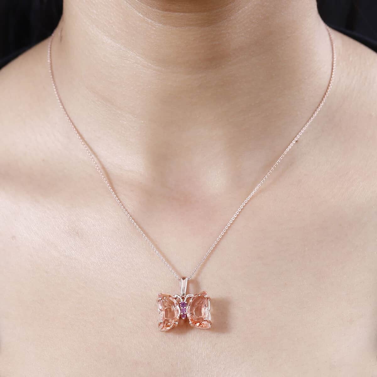 Morganique Quartz (Triplet) and Orissa Rhodolite Garnet Butterfly Pendant Necklace 20 Inches in 18K Vermeil Rose Gold Over Sterling Silver 9.40 ctw image number 2