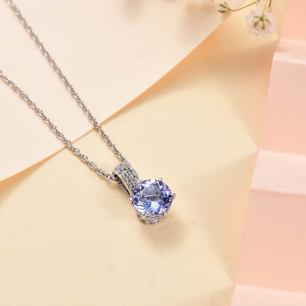 Tanzanite, White Zircon Pendant Necklace (20 Inches) in Rhodium Over Sterling Silver 1.55 ctw image number 1