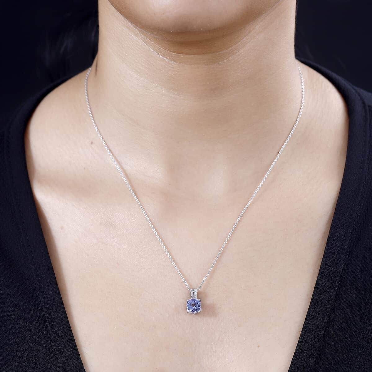 Tanzanite, White Zircon Pendant Necklace (20 Inches) in Rhodium Over Sterling Silver 1.55 ctw image number 2